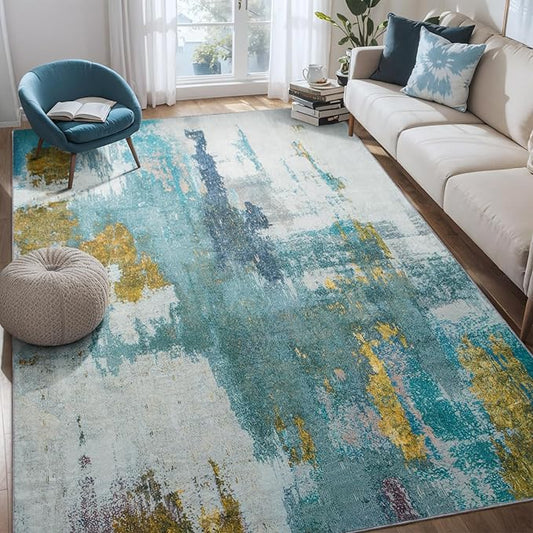Kelarea 6x9 Area Rugs for Living Room, Washable Abstract Non-Slip Large Rug Stain Resistant Blue Carpet, Low Pile Soft Indoor Rug for Bedroom, Dining Room, Nursery, Kitchen, Home Office