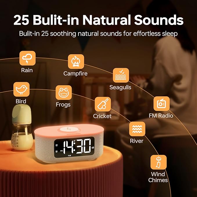 JALL Fabric Alarm Clock for Bedroom, with Big Led Screen Display, Bluetooth Stereo Sound Speaker, FM Radio, Fast Wireless Charging, USB Charging Port, Nightlight, White Noise, Ideal for Gift, Gray