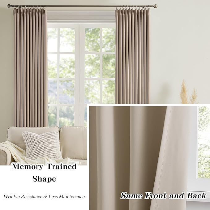 KEQIAOSUOCAI 60 Wide Pinch Pleated Window Curtain Panels 95 Inches Long Custom Made Pleated Curtains Hooks Track Privacy Memory Shape Drape for Living Room,Khaki, Set of 2=120 Inch Wide