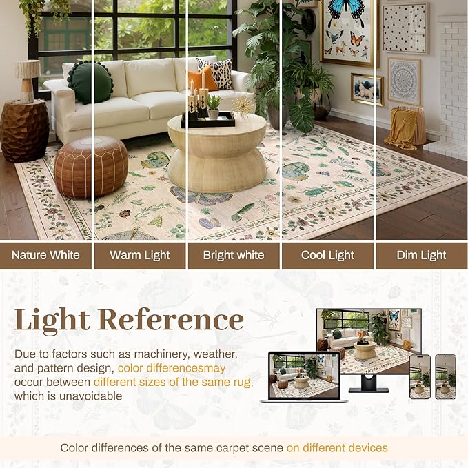 5x7 Washable Area Rug with Insect Print - Bug Rug Non-Shedding Stain Resistant Soft Carpet for Bedroom, Low Pile Ultra-Thin Machine Washable Carpet for Dining Room, Kids Nursery, Office (5'x7' Beige)