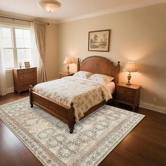 6x9 Washable Area Rug Non Slip, Thin Vintage Floral Living Room Rug Low Pile, Indoor Large Distressed Print Carpet for Bedroom, Dining Room, Farmhouse, Home Office, College Dorm Beige/Pink/Orange