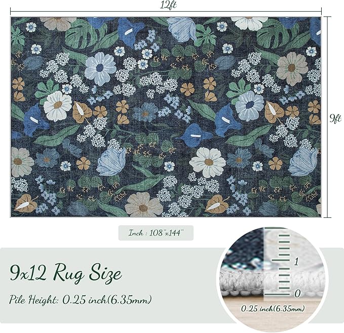9x12 Area Rug for Living Room: Vintage Floral Washable Rug Soft Boho Non Slip Carpet Large Indoor Floor Non Shedding Low Pile Thin Carpets for Bedroom Dining Room Farmhouse Nursery Home Office Blue
