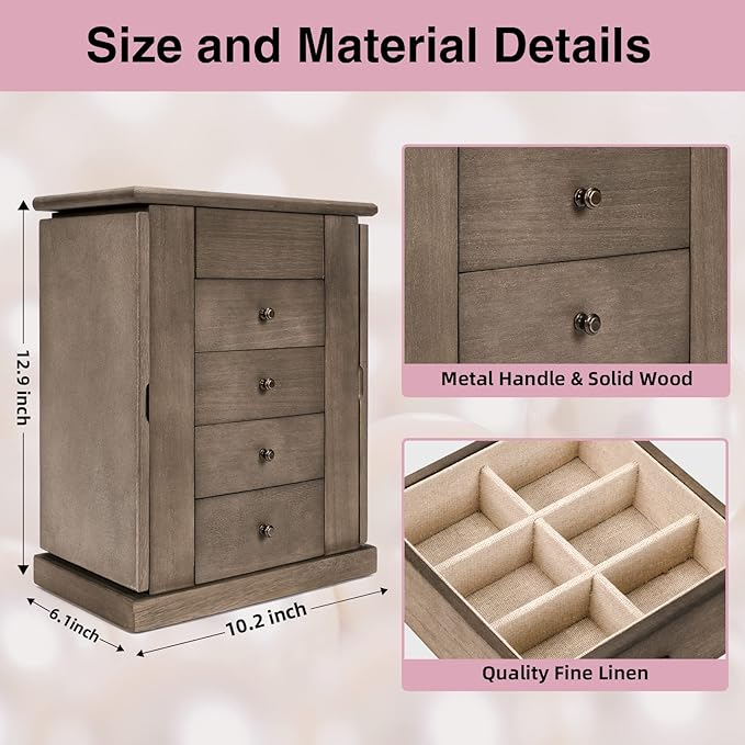 Jewelry Box for Women, 5 Layer Large Wood Jewelry Boxes & Organizers for Necklaces Earrings Rings Bracelets, Rustic Jewelry Organizer Box with Drawers and Mirror(Weathered Gray)