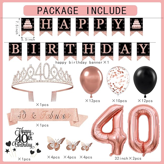 40th Birthday Decorations for Women - 56pcs Rose Gold Happy 40th Banner, 40th Birthday Crown Sash, Cake Topper, Number 40 balloons, 3D Butterflies, 4 Balloon Stands kits