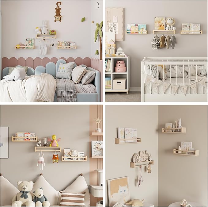Heimlove Nursery Floating Shelves, Wood Nursery Book Shelves for Wall, 16 inch Wall Bookshelf for Kids Solid Wood Wall Mounted Shelves for Books,Toys and Decor Storage, Set of 3