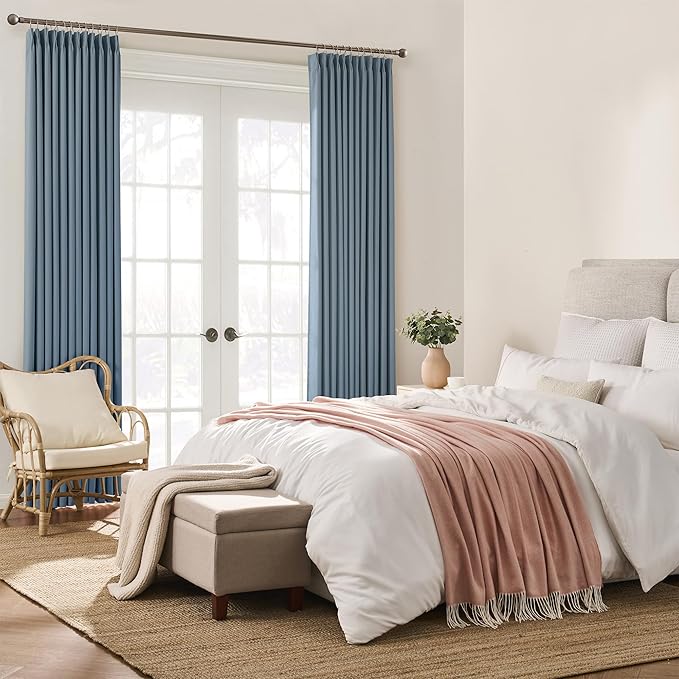 KEQIAOSUOCAI Dusty Blue Pleat Wide Width Drapes 80 x 84 inch Long 2 Panels - Thermal Insulated Room Divider Curtains for Bedroom/Living Room/Patio, Pinch Pleated Curtain Panel with Hooks