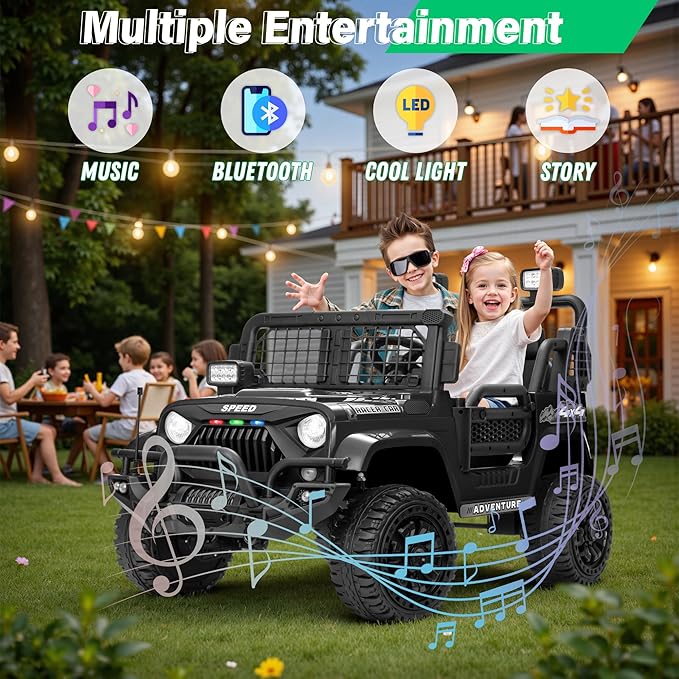 2 Seater Ride On Car Truck with Remote Control XL, Kids 24V Battery Powered Electric Vihicle w/21 in Seat, 3 Speeds, 2WD/4WD Switichable, Shock Absorbers,Bluetooth, Flower, Gift Choice