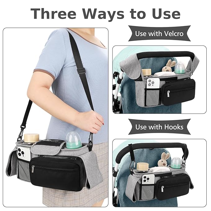 Accmor Universal Stroller Organizer with Insulated Cup Holder Detachable Phone Bag and Shoulder Strap,Stroller Bag Caddy Organizer Fits for Uppababy, Baby Jogger, Britax Strollers