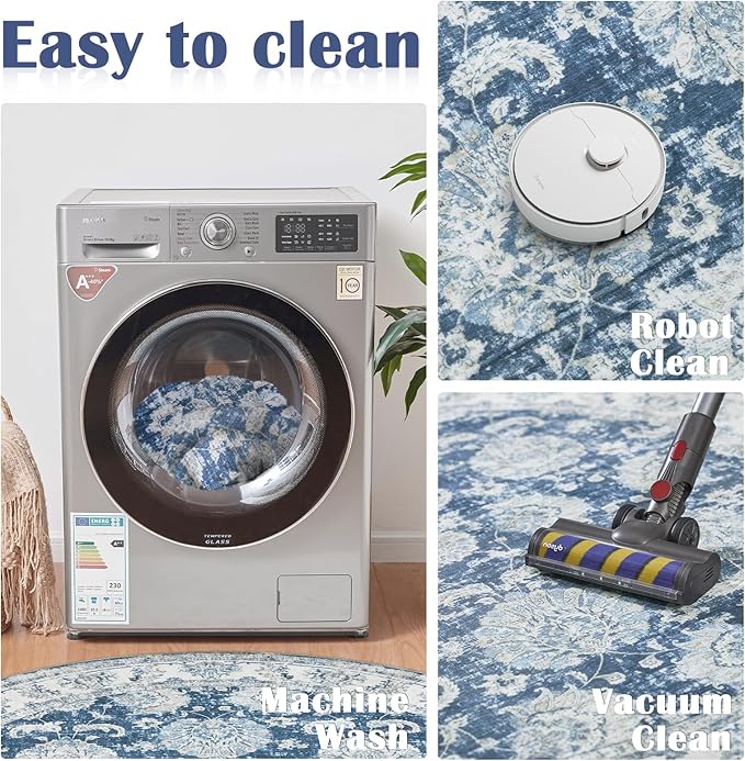 jinchan Round Rug 4ft Area Rug - Indoor Vintage Hallway Circle 4' Washable - Ultra-Thin Low Pile Soft Small Non Slip Distressed Floral Print for Living Room Dining Room Bedroom Entryway Dark Blue