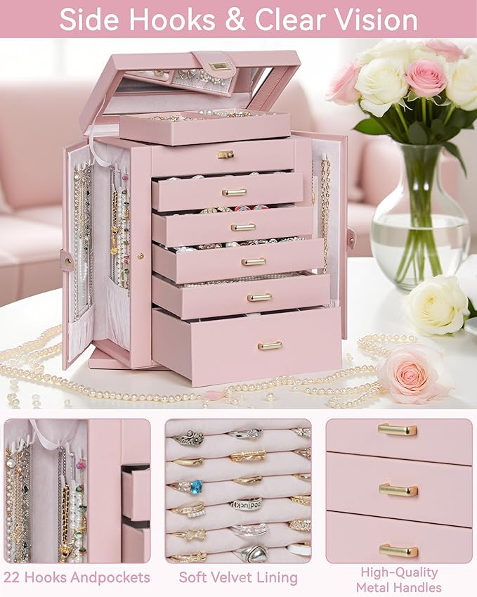 AKOZLIN 360° Rotating Jewelry Box 6-Tier Organizer Functional Jewelry Storage Case for Women Girls Ring Necklace Earring Bracelet Holder with Mirror Pink