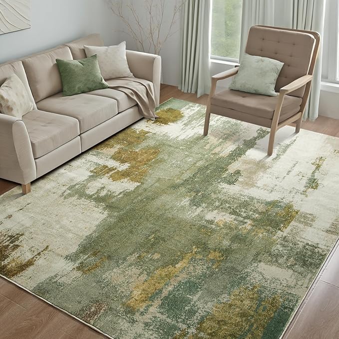 Kelarea Living Room Rug, 6x9 Rug Modern Abstract Washable Rugs Green Faux Wool Vintage Carpets, Non Slip Rugs for Bedroom, Dining Room, College Dorm, Kids Playroom, Home Office