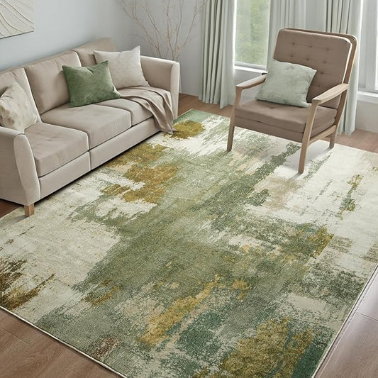 Kelarea Living Room Rug, 6x9 Rug Modern Abstract Washable Rugs Green Faux Wool Vintage Carpets, Non Slip Rugs for Bedroom, Dining Room, College Dorm, Kids Playroom, Home Office