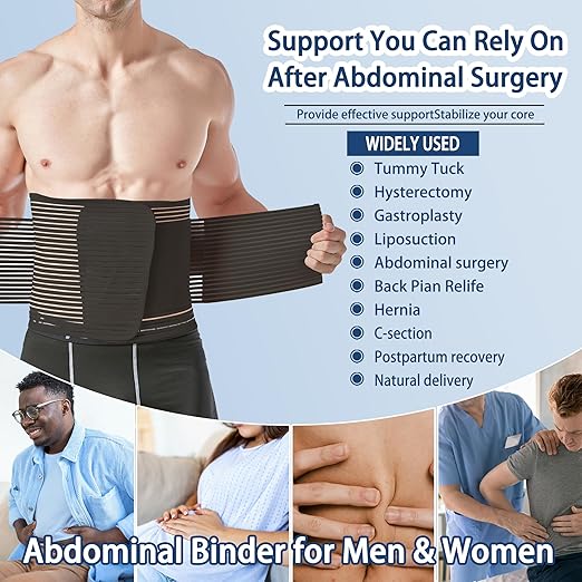 Abdominal Binder for Post Surgery & Postpartum Recovery, Abdomen Hernia Support Belt for Women & Men (Black, Large)