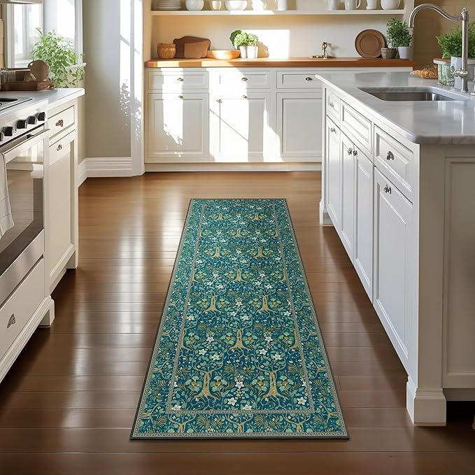 Joydeco Washable 2x6 Rug Runners for Hallways Non Slip, Boho Floral Bathroom Rug Runner, Soft Botanical Forest Indoor Floor Throw Carpet for Kitchen Laundry Room Entryway, Dark Blue