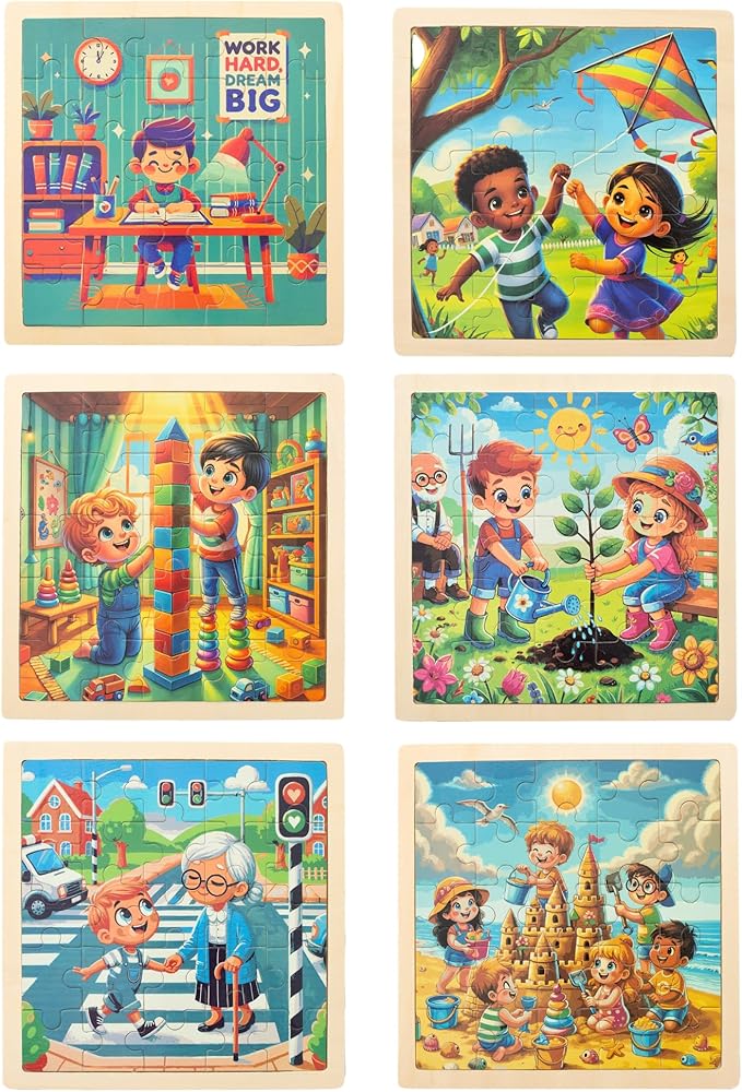 6 Educational Wooden Puzzles & Storybook, Teaches Kindness, Empathy & More – 6 in 1 Jigsaw Puzzle for Kids Ages 3-7 – Learn Real Values Through Stories – Montessori Puzzle Set 25 Pieces