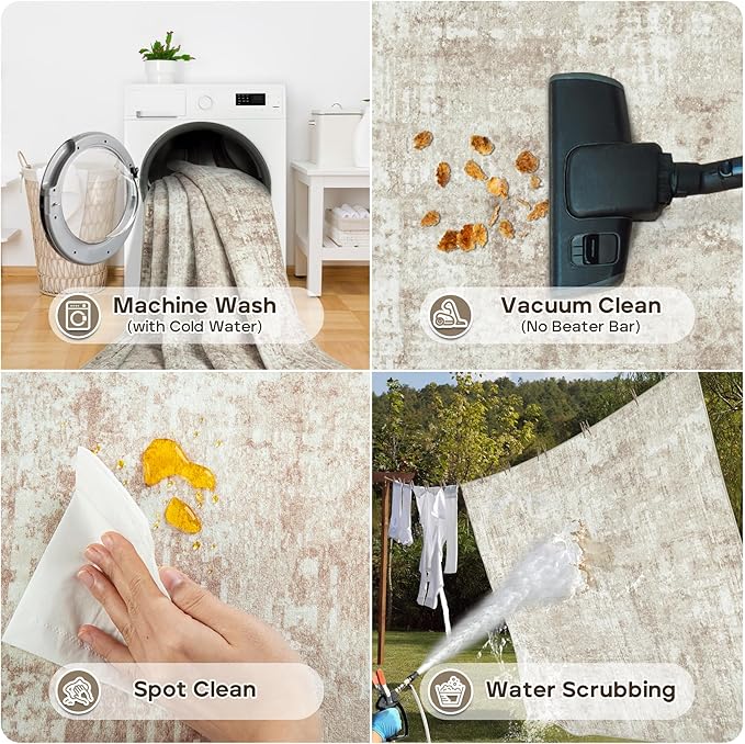 6x9 Area Rugs for Living Room Rug Washable: Modern Rug for Dining Room Bedroom Carpet Non Slip Low Pile 6 by 9 Indoor Abstract Nursery Home Office Beige