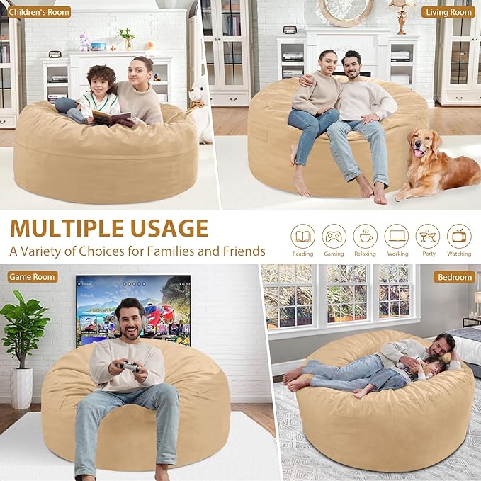 4FT Bean Bag Chair, Large Bean Bag Chairs with Memory Foam Filled, Fluffy Beanbag Sofa with Dutch Velvet Cover, Round BeanBag Chairs for Living Room, Playroom - Khaki