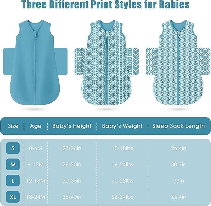 SWEET DOLPHIN Baby Sleep Sack 12-18 Months - 100% Cotton 2-Way Zipper TOG 0.5 Infant Wearable Blanket, Newborn Essentials Toddler 3 Pack Sleeping Sacks - Peacock Blue