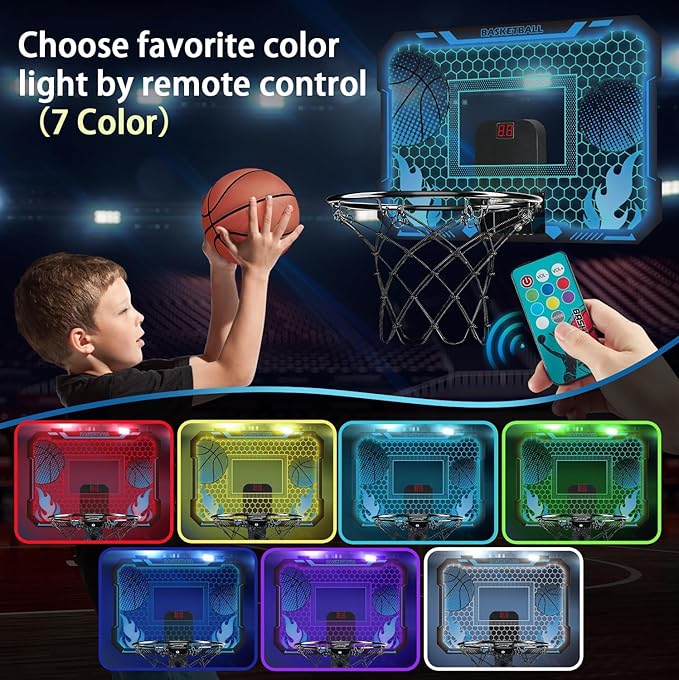 Indoor Basketball Hoop for Kids with Led Lights Mini Basketball Hoop with Remote Control Over The Door Basketball Hoops with Scoreboard Basketball Toys for 4-12 Year Old Boys Girls