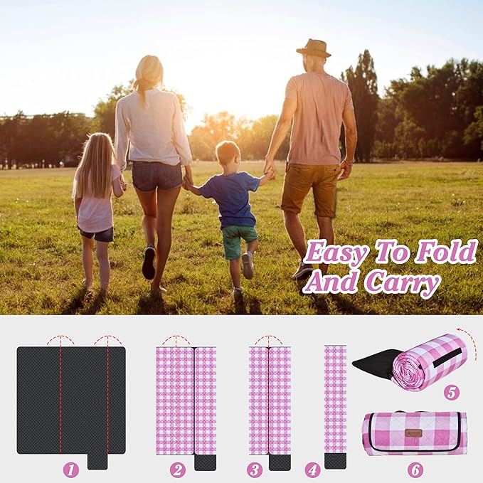 HX&OD Outdoor Picnic Blanket, Extra Large, 80''x80'' Waterproof Foldable Blankets Gingham Picnic Mat for Beach, Camping Grass Lawn Park Accessories Cute Couple Ideas Wedding (Pink, 80”x80”)