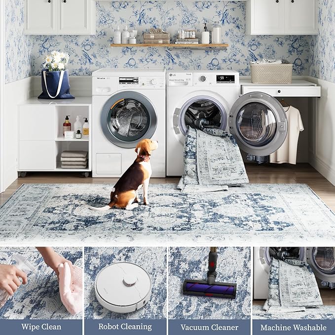 jinchan Washable Area Rug 8x10 for Living Room Soft Faux Wool Ultra-Thin Stain Resistant Non-Slip Distressed Vintage Floral Large Carpet for Bedroom,Dining Room,Home Office,Nursery(Dark Blue, 8'x10')