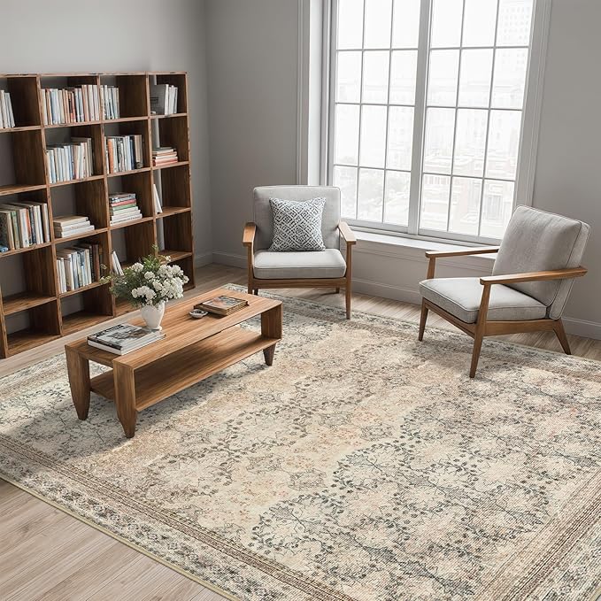 5x7 Washable Area Rug for Living Room Rustic, Non Slip Vintage Floral Bedroom Rugs Retro, Traditional Indoor Floor Carpet for Dining Room, Kitchen, Farmhouse, Office Beige/Pink/Orange