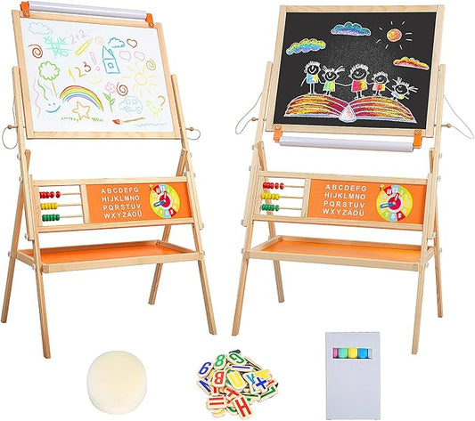 3-in-1 Wooden Easel for Kids, Toddle Double-Sided Easel with Magnetic Whiteboard and Painting Blackboard, 360° Rotatable, Paper-roll Holder, Storage Tray, and Stickers Included
