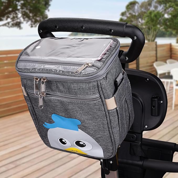 Baby Stroller Organizer Bag，Small Diaper Bag - Universal Stroller Organizer With Insulated Cup Holder,Pocket With Baby Wipes Dispenser，Adjustable Shoulder Strap(Deep Grey)