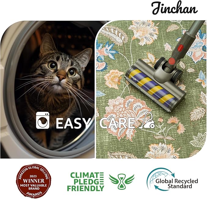 jinchan 4ft Floral Round Rug for Entryway Washable Kitchen Rug Vintage Romance Design Non Slip Indoor Doormat Lightweight Low-Profile Throw Carpet for Living Room Dining Room Bedroom, Green