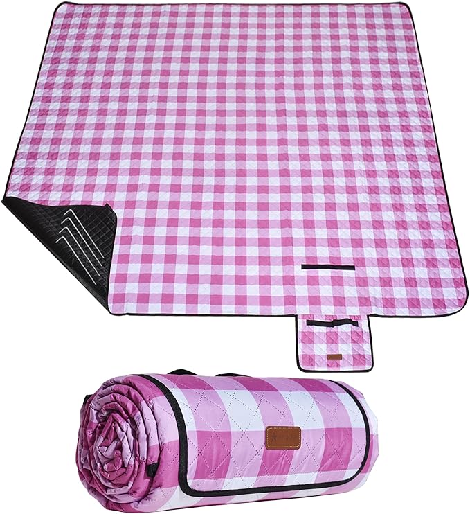 HX&OD Outdoor Picnic Blanket, Extra Large, 80''x80'' Waterproof Foldable Blankets Gingham Picnic Mat for Beach, Camping Grass Lawn Park Accessories Cute Couple Ideas Wedding (Pink, 80”x80”)