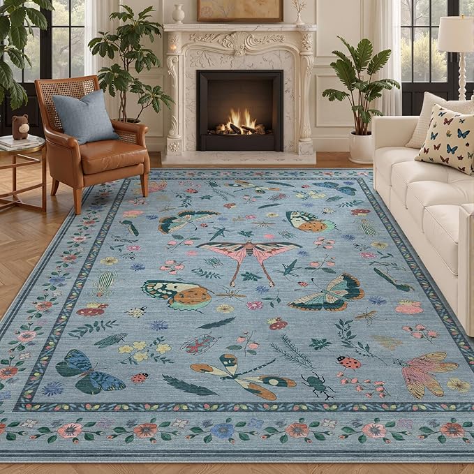 8x10 Area Rugs with Insect Print - Bug Rug Non-Shedding Stain Resistant Soft Carpet for Bedroom, Low Pile Ultra-Thin Machine Washable Carpet for Dining Room, Kids Nursery, Office (8'x10' Blue)