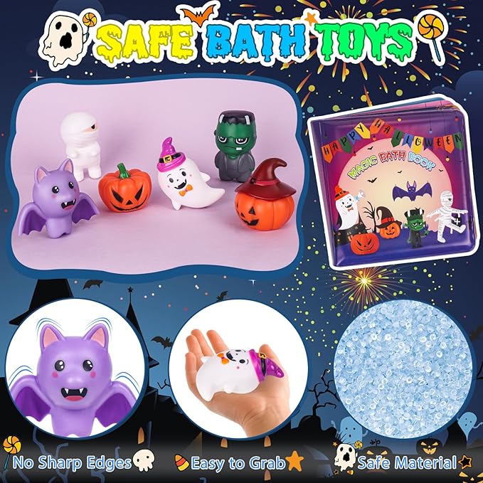 Halloween Light Up Bath Toys for Toddlers Kids, No Hole Bath Toys with Halloween Bath Book, LED Light Bath Time Water Toys for Bath Tubs Bathroom, Halloween Toys & Gift for Toddlers Kids Baby Shower