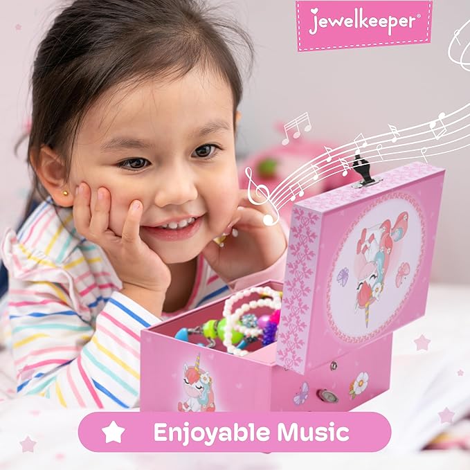 Jewelkeeper Unicorn and Butterfly Themed Jewellery Box Pink for Girls - Wooden Jewelry Box with Velvet Lining for Little Girl's Necklaces and Accessories - Spinning Unicorn Doll, Toys for Girls