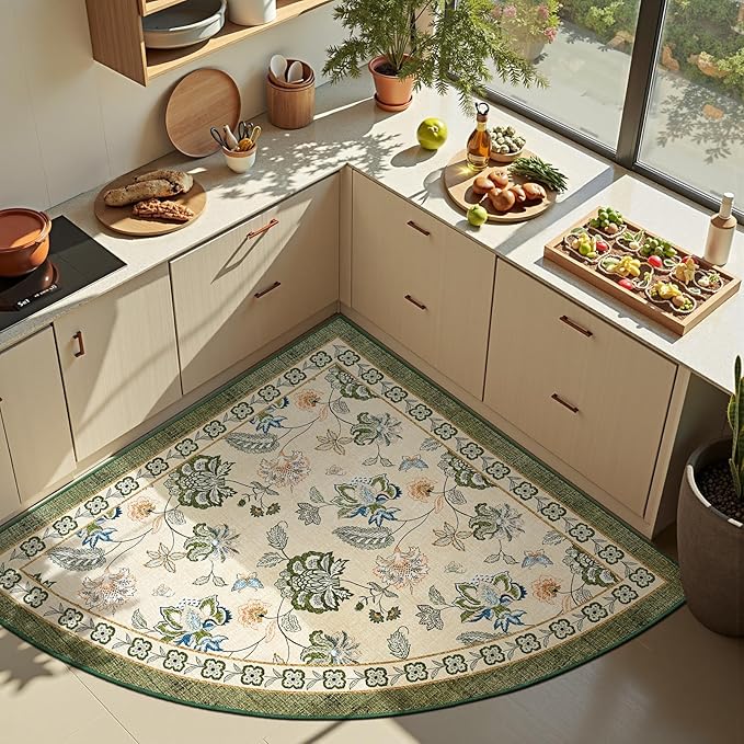 jinchan Floral Corner Rug for Kitchen Washable Nursery Rug Vintage Romance Design Non Slip Quarter Circle Lightweight Low-Pile Throw Carpet for Playroom Reading Nook Office, 5ft Radius, Green/Beige