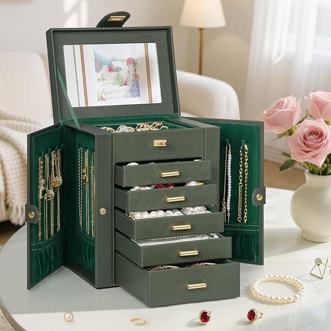 AKOZLIN Jewelry Box Organizer Functional Leather Jewelry Storage Case for Women Girls Ring Necklace Earring Bracelet Holder Organizer with Mirror