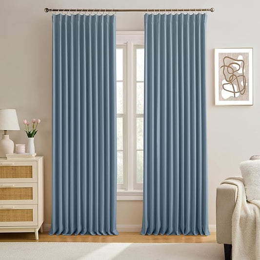 KEQIAOSUOCAI Pinch Pleated Blackout Curtain Drapes for Window 105" L - Triple Weave Energy Saving Thermal Room Divider Blackout Panels for Patio (72" Wide per Panel, 2 Panels, Dusty Blue)