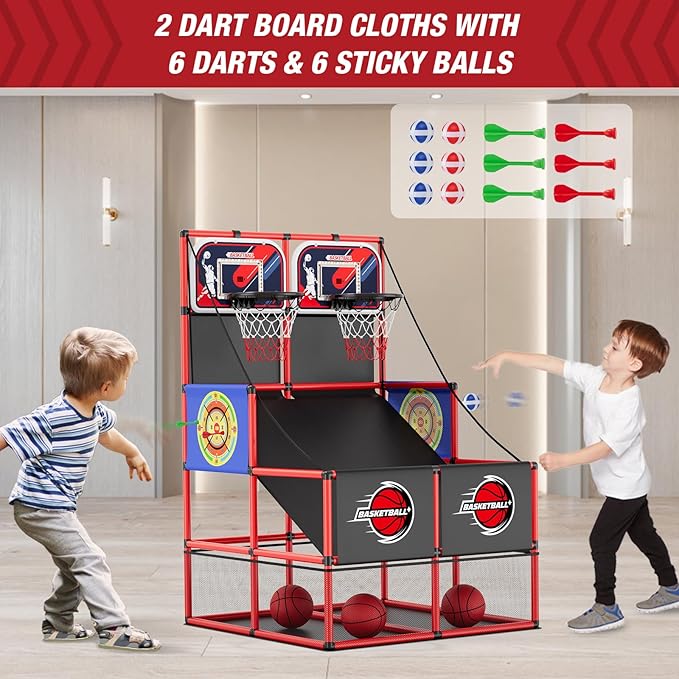 2 in 1 Dual Shot Basketball Arcade Game with 2 Dart Boards/Electronic Scoreboard/LED Light, Kids Basketball Hoop for Home Indoor Outdoor, Sport Toys Gifts for Boys Girls