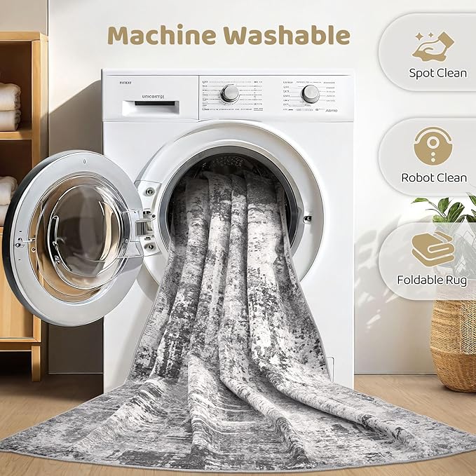 5x7 Area Rugs Living Room: Machine Washable Large Abstract Modern Soft Rug Stain Resistant Indoor Floor Non Slip Accent Carpet for Bedroom Nursery Playroom Dining Room Office Dorm Home- Black Grey