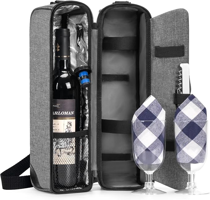 ALLCAMP Wine Bag - Insulated Cooler Bag with Wine Glasses, Bottle Opener & Wine Accessories for Wine Lovers - Portable Wine Gift Bag for Travel, Picnics, and Gift Ideas(Gray)