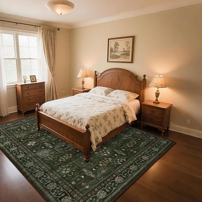 5x7 Washable Area Rug for Living Room Dining Room, Distressed Non Slip Vintage Floral Rugs for Bedroom, Traditional Indoor Floor Carpet for Dining Kitchen Farmhouse Dark Green