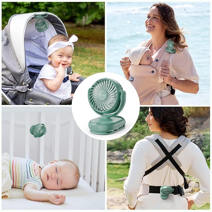 Momcozy Portable Fan with Clip | 4-Speed Mini-Fan for Carrier | Personal Fans Ultra Lighter 0.26lb | Gaps ≤4.5mm | Handheld Cooling | Rechargeable Rotate for Diaper Backpack/Stroller/Carrier/Chair