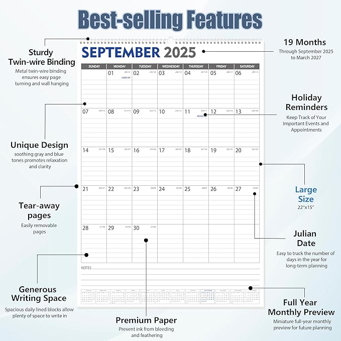 GuassLee Large Wall Calendar 2025-2027, 22"x15" Big Academic Wall Calendar 19-Month Sept. 2025 - Mar. 2027, 2026 Hanging Wall Planner with Julian Date Big Grid for Home School Office Planning