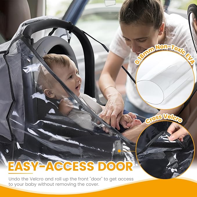 Car Seat Rain Cover Universal, Food Grade EVA, Waterproof Weather Shield for Infant Car Seat with Storage Bag, Baby Car Seat Stroller Rain Cover Features Side Ventilation, Quick-Access Roll-Up Door