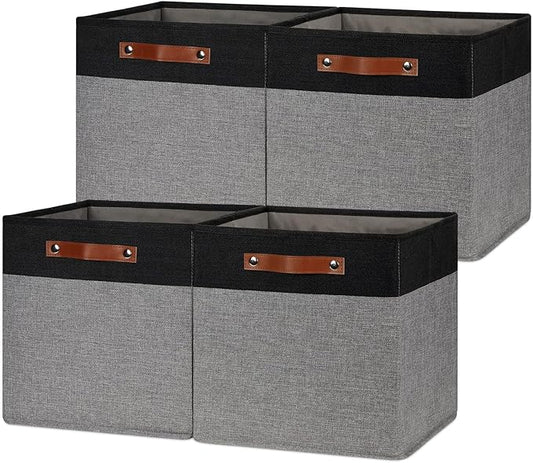 HNZIGE Storage Baskets for Organizing, Set of 4, Square Fabric Storage Cubes Bins 13 x 13, Collapsible Black Storage Bins for Shelves, Closets, Nursery, Home, Office (Black&Grey)