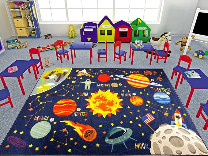 KC Cubs 3x5 Outer Space Solar System Toy Car Road Rug – Educational Play Mat Carpet for Kids, Toddlers, Nursery, Classroom, Playroom, Baby Daycare