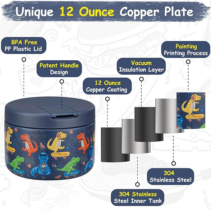 12oz Insulated Vacuum Food Jar with Buckle Lid Wide Mouth Soup Thermo for Hot Food Kids Leakproof Stainless Steel Lunch Container (Blue-Dinosaur)