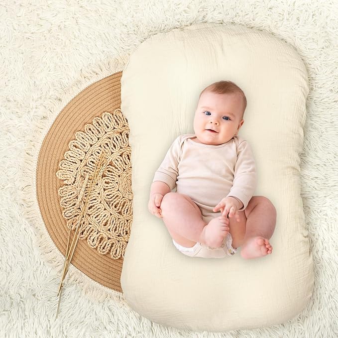 Hooyax Muslin Baby Lounger Cover 2 Pack, Soft and Breathable Newborn Lounger, Adorable Slipcover for Boys & Girls (Brown, Wheat)