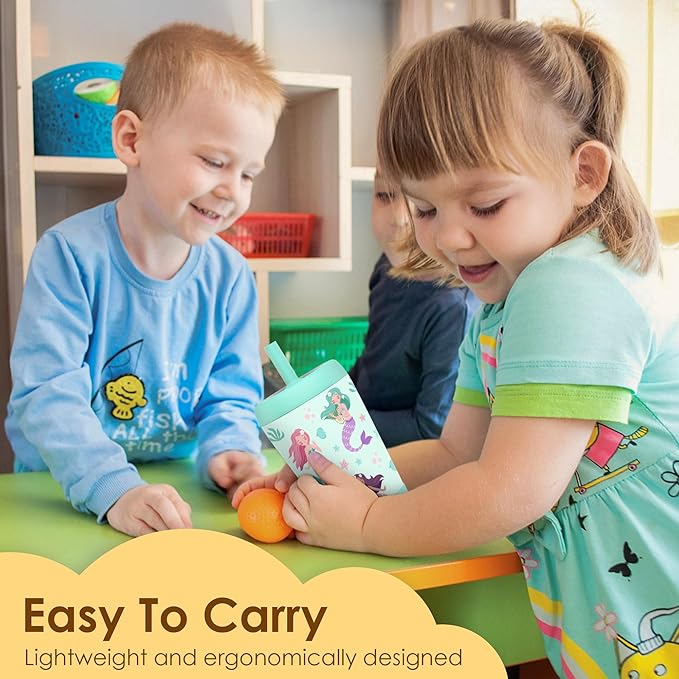 Kid Insulated Stainless Steel Tumbler with Silicone Straw, 12oz Sippy Cup for Kids (Magical Mermaids)