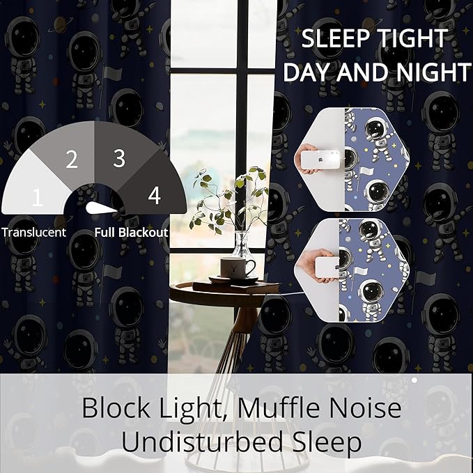 Kids Astronaut Blackout Curtains - 100% Blackout, Thermal Insulated, Noise Reducing, Perfect for Kids Room and Nursery, 2 Panels (Spacewalk Buddies, W52×L84)