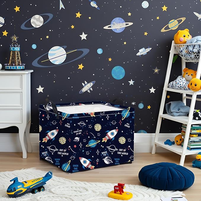 HIYAGON Rectangular Space Basket for Boys Baby Storage Basket Storage Bin Organizer Box Room Decor(Rocket Planet)
